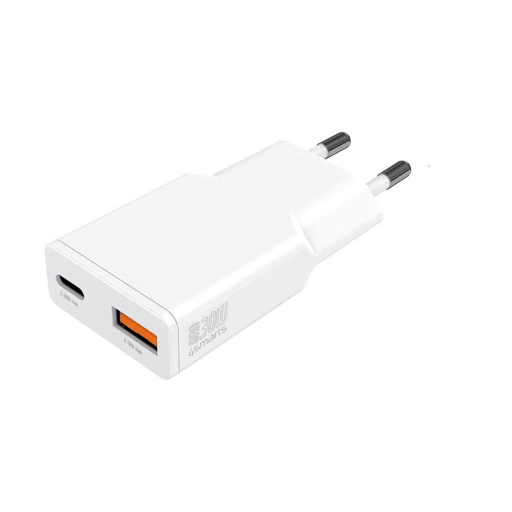 2-i-1 Vægoplader - 4smarts - 18W USB-A / 30W USB-C - Hvid