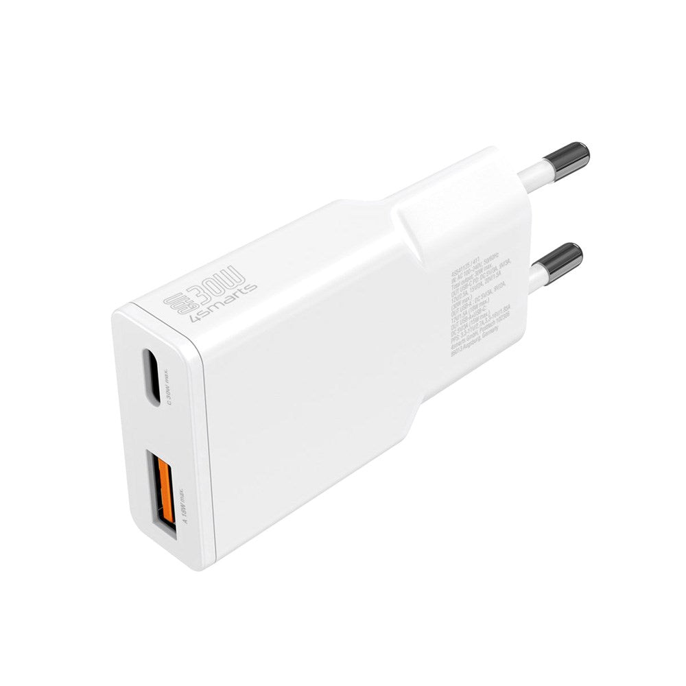 2-i-1 Vægoplader - 4smarts - 18W USB-A / 30W USB-C - Hvid