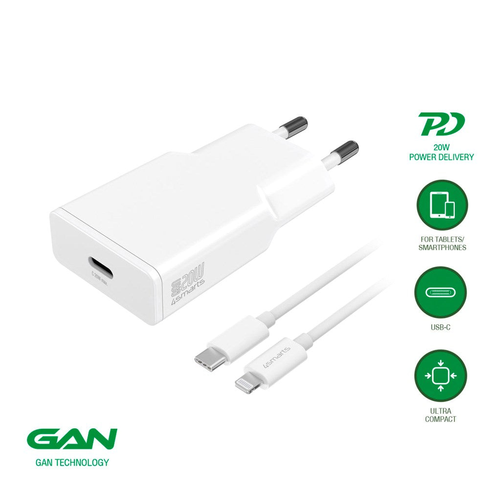 Vægoplader USB-C til Lightning Kabel - 4smarts - 20W / 1.5m - Hvid