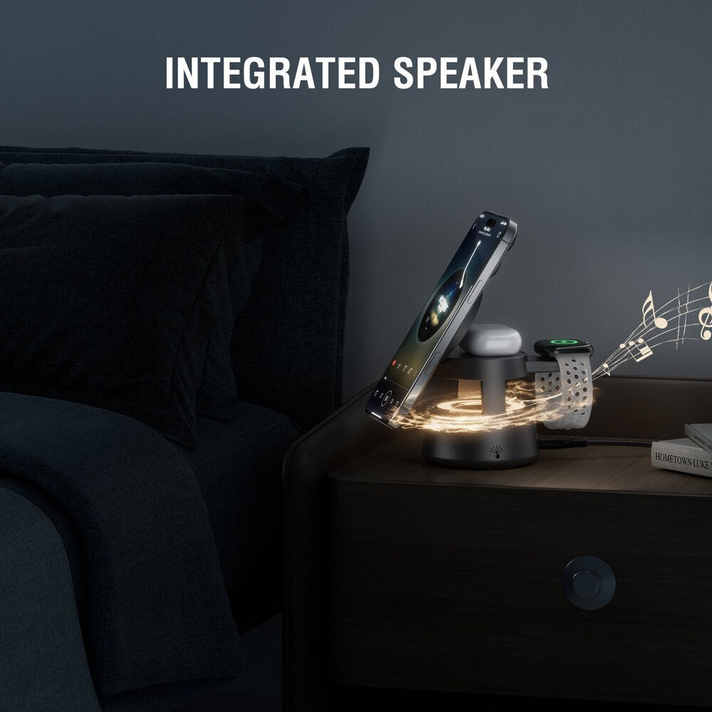 4smarts 3-i-1 Trådløs Oplader - Indbygget Lys / Bluetooth - Smartphone / Smartwatch / AirPods - MagSafe / Qi2 Kompatibel - Grå