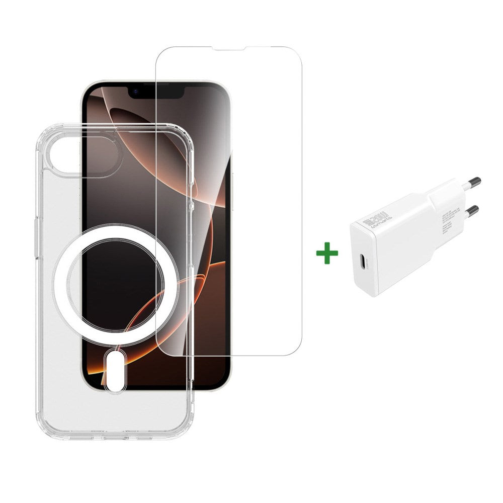 4smarts - iPhone 17e / 16e - 3-i-1 Premium Starter Set - MagSafe Cover, Skærmbeskyttelse & 20W Vægoplader - Gennemsigtig / Hvid