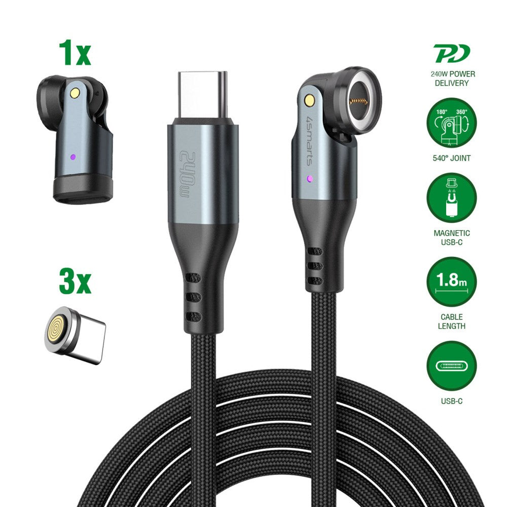 Magnetisk Kabel m. USB-C - 4smarts GravityCord - 240W - 1.8m - Sort