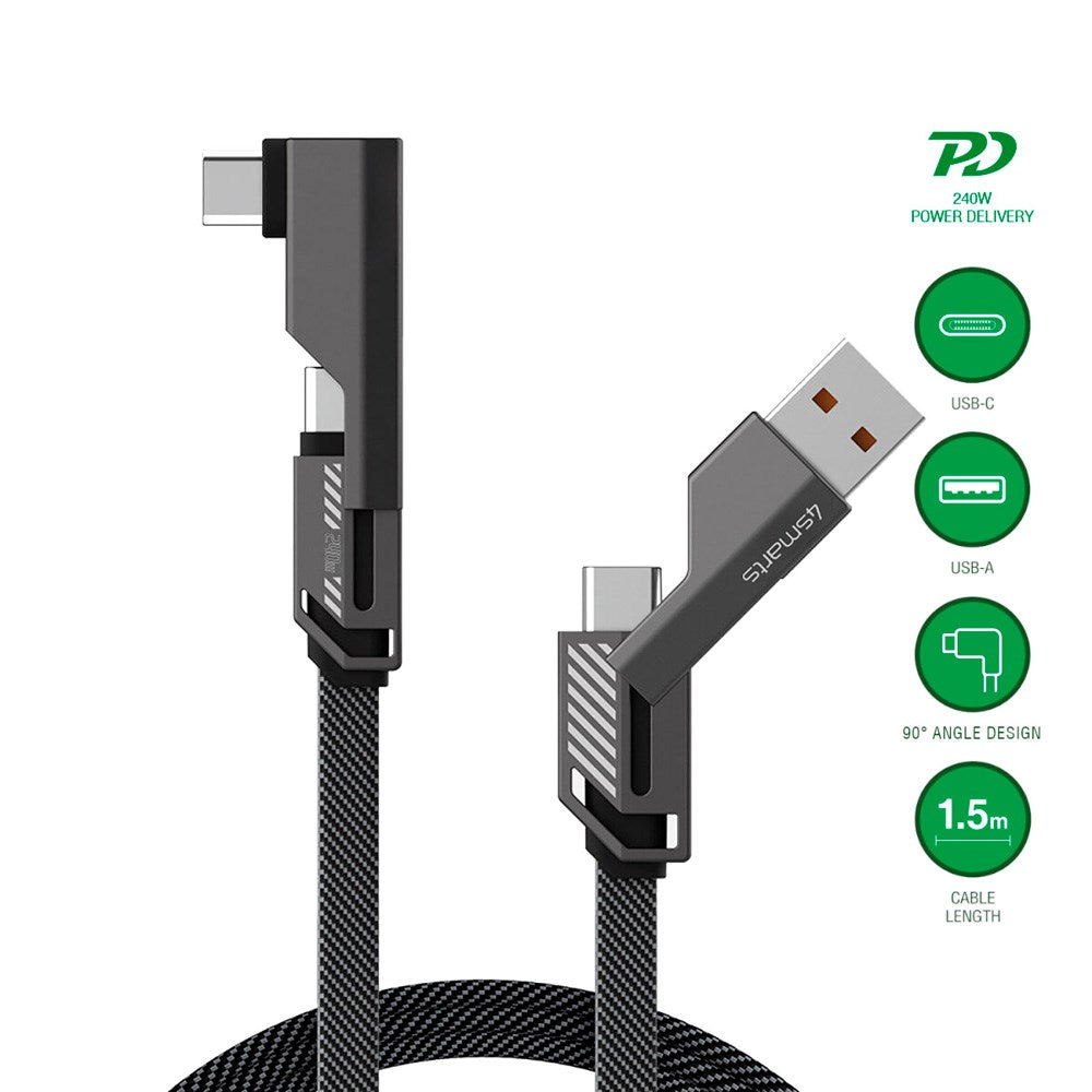 4smarts - ComboCord 2-i-1 Retvinklet Kabel 240W - 1.5m - Grå
