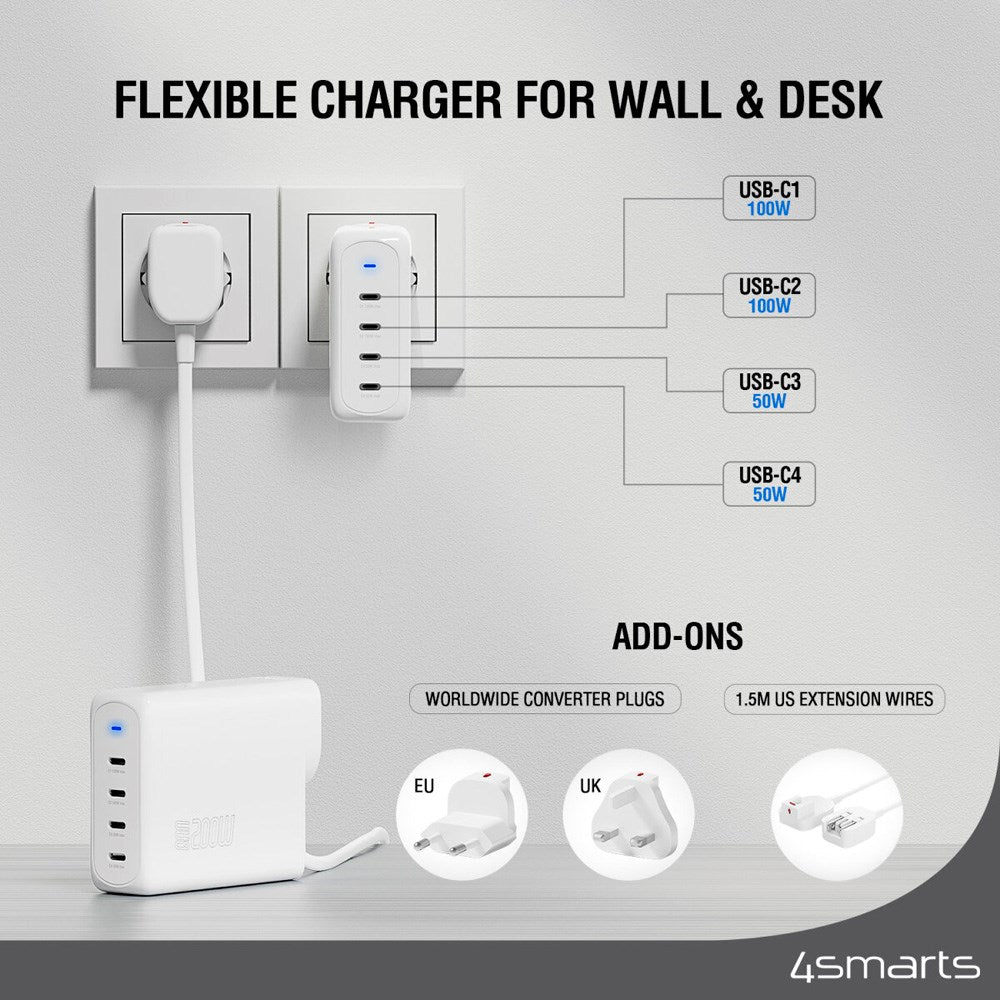 4smarts - GaN Flex Pro Rejseoplader 200W - 4x USB-C - Hvid
