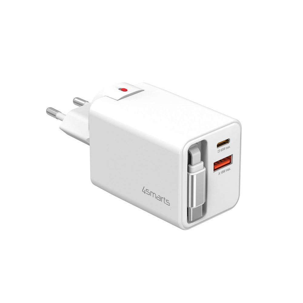 4smarts 65W Flex Jojo Vægoplader m. EU / US Stik & 1 x USB-A & 1 x USB-C & 1 x USB-C Kabel - Hvid