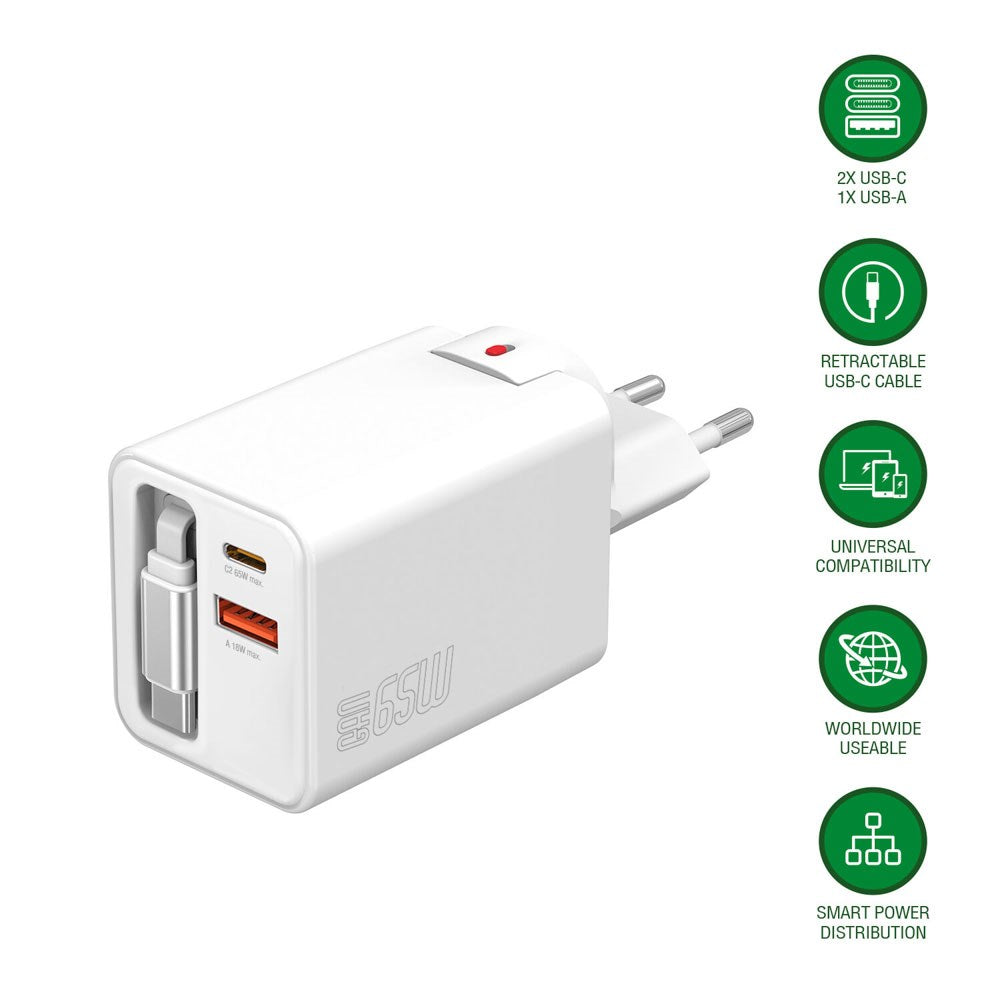 4smarts 65W Flex Jojo Vægoplader m. EU / US Stik & 1 x USB-A & 1 x USB-C & 1 x USB-C Kabel - Hvid
