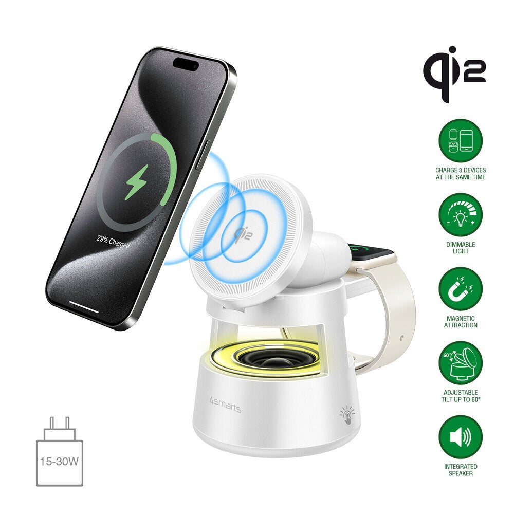 4smarts 3-i-1 Trådløs Oplader - Indbygget Lys / Bluetooth - Smartphone / Smartwatch / AirPods - MagSafe / Qi2 Kompatibel - Hvid