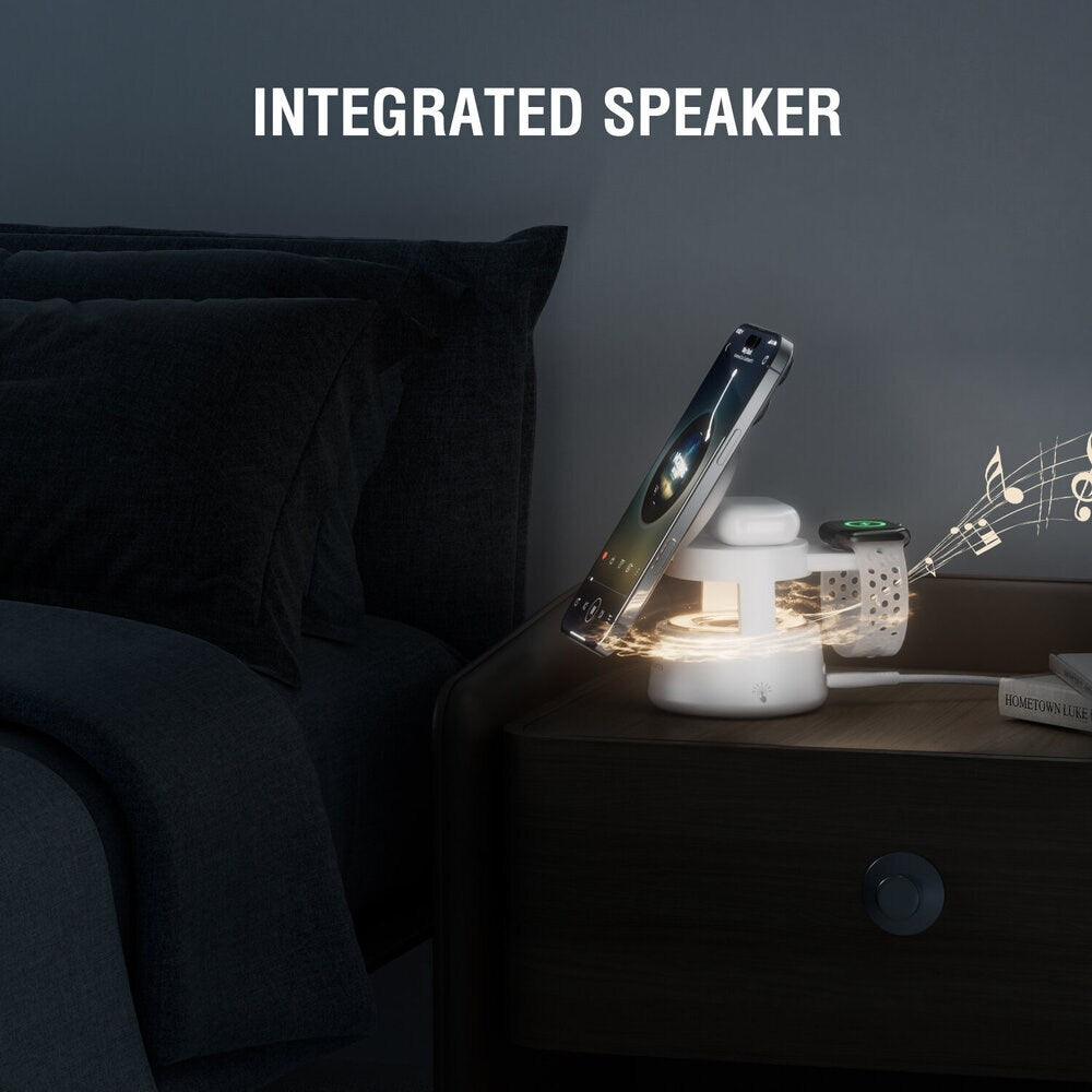 4smarts 3-i-1 Trådløs Oplader - Indbygget Lys / Bluetooth - Smartphone / Smartwatch / AirPods - MagSafe / Qi2 Kompatibel - Hvid