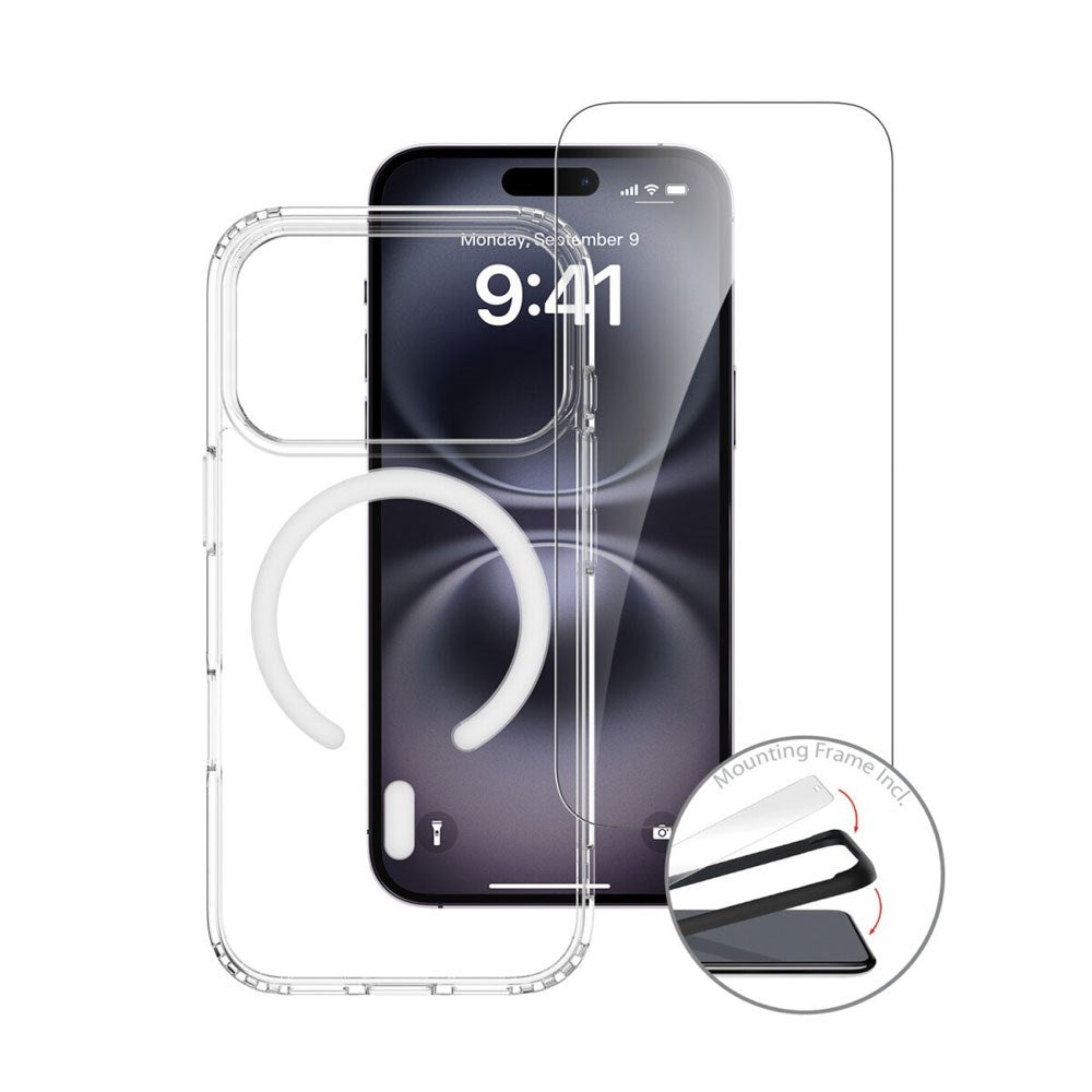 iPhone 17 Pro - 4Smarts 3-i-1 Premium Starter Set - MagSafe Mobil Cover, Skærmbeskyttelse & 20W Vægoplader - Gennemsigtig / Hvid