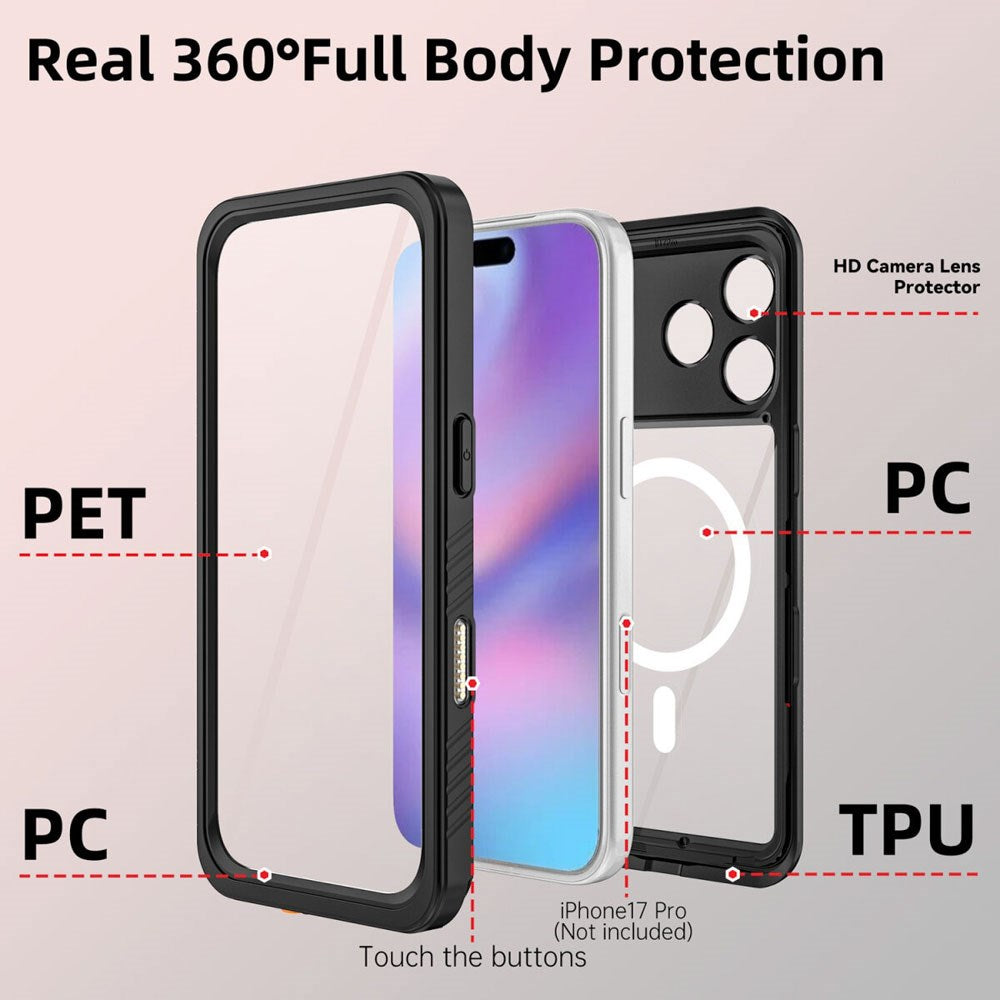 iPhone 17 Pro 4Smarts Vandtæt All Around Cover - MagSafe Kompatibel - Gennemsigtig / Sort