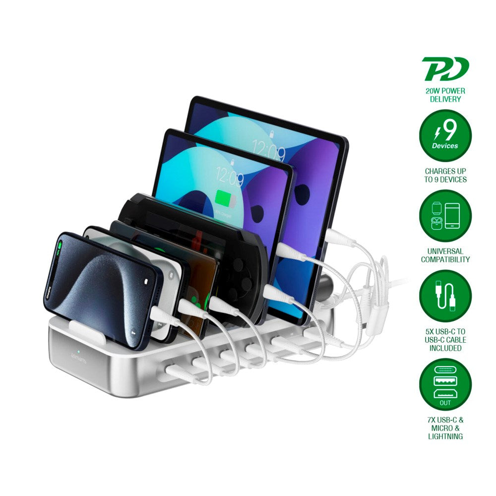 4smarts Ladestation m. 5x USB-C Kabel & 1x 4-i-1 Multikabel - 100W - Sølv