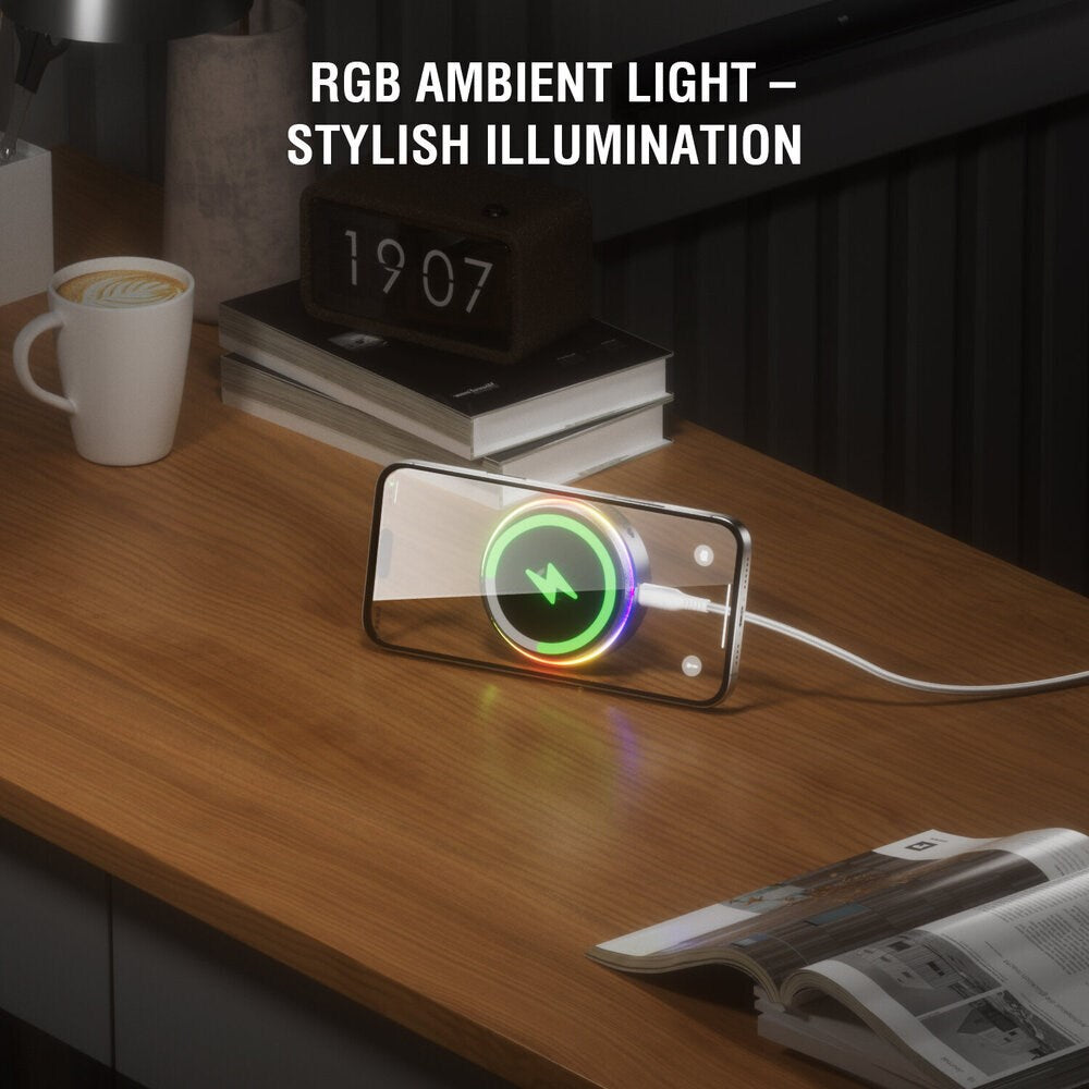 4smarts Trådløs Oplader - Indbygget Nedkøling - RGB Lys - MagSafe / Qi2 Kompatibel - Grå