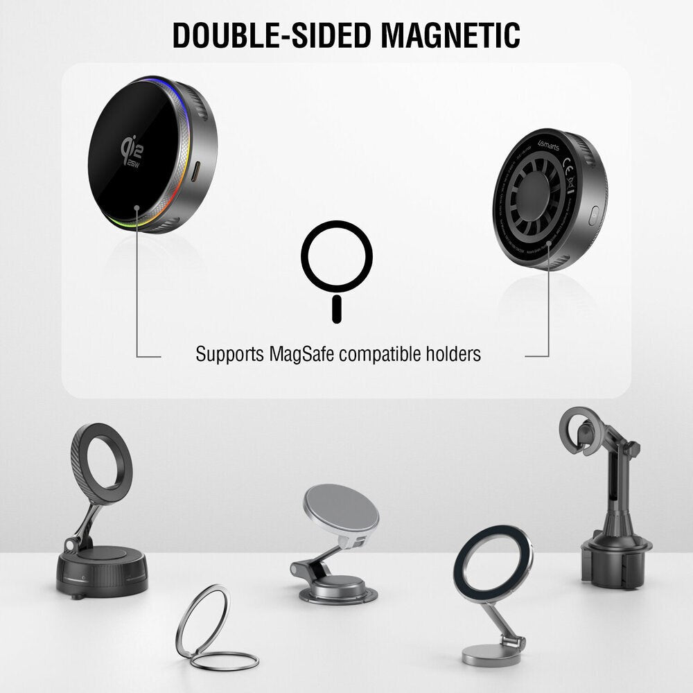 4smarts Trådløs Oplader - Indbygget Nedkøling - RGB Lys - MagSafe / Qi2 Kompatibel - Grå