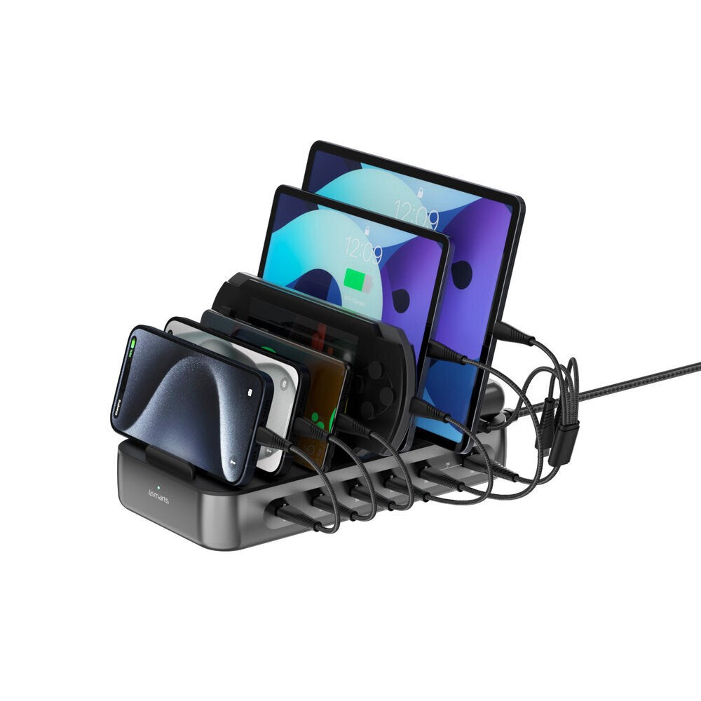 4smarts Ladestation m. 5x USB-C Kabel & 1x 4-i-1 Multikabel - 100W - Sort