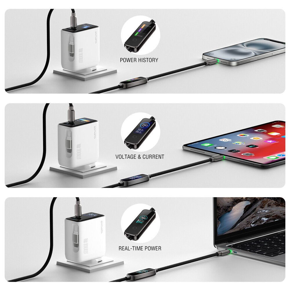4smarts ScreenCord USB-C til USB-C Kabel - 240W - Indbygget Display - 1.2m - Sort