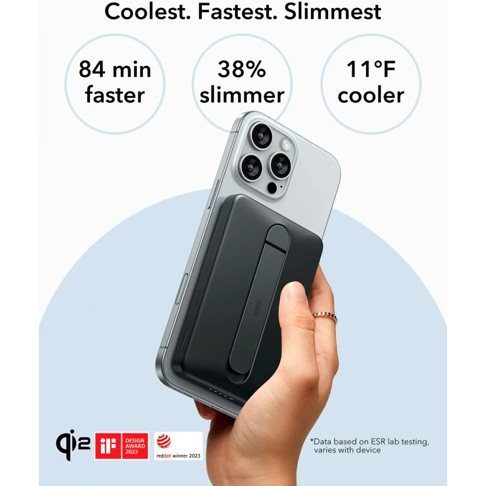 PowerBank m. Kickstand - ESR Qi2 MagSlim - 15W / 5000 mAh - MagSafe Kompatibel - Sort