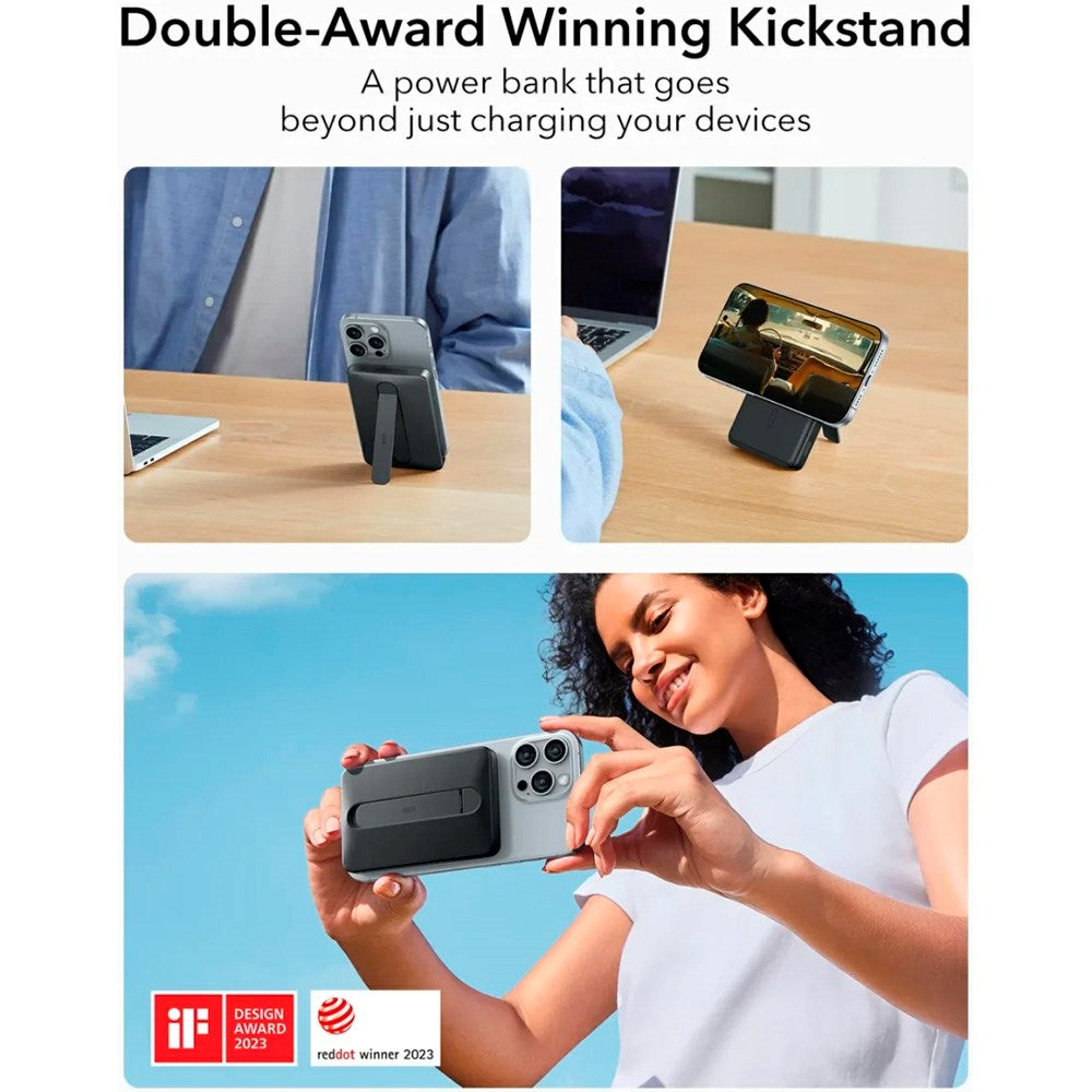 PowerBank m. Kickstand - ESR Qi2 MagSlim - 15W / 5000 mAh - MagSafe Kompatibel - Sort