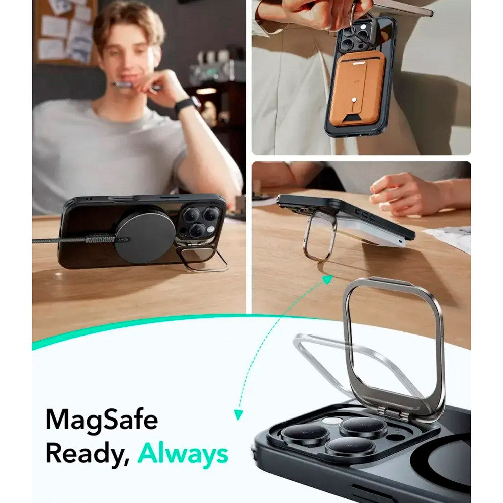 iPhone 16 Pro - ESR Classic Hybrid Cover m. Kickstand - MagSafe Kompatibel - Gennemsigtig / Sort