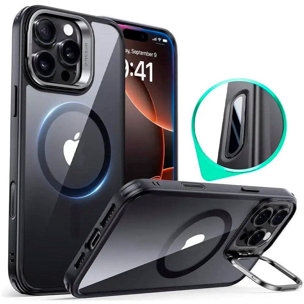 iPhone 16 Pro Max - ESR Classic Hybrid Cover m. Kickstand - MagSafe Kompatibel - Gennemsigtig / Sort