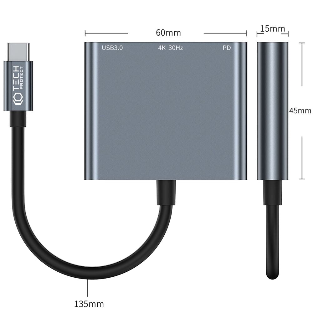Tech-Protect 3in1 USB-C Multiport V1 Hub - USB-A / USB-C / HDMI - Grå