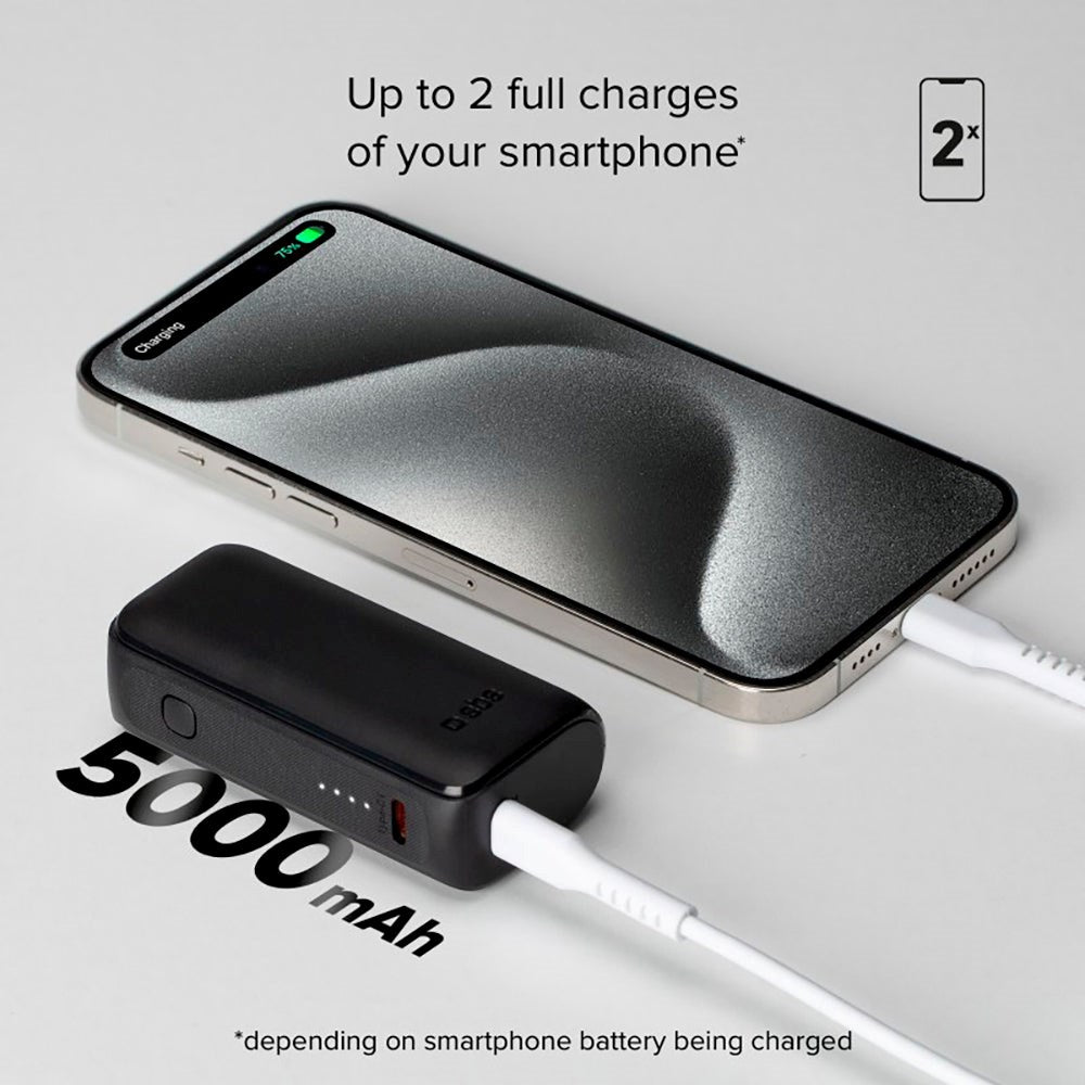 SBS NanoTube Powerbank m. USB-A & USB-C 10W - 5.000 mAh - Sort