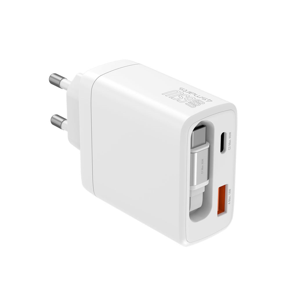 4smarts Vægoplader PD (Power Delivery) 65W Jojo m. USB-C / USB-A og USB-C Kabel - Hvid