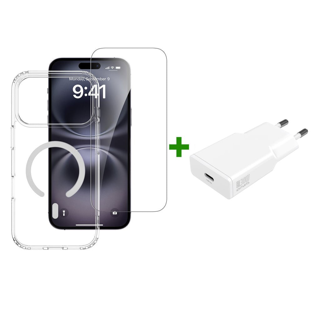 iPhone 18 Pro Max / 17 Pro Max - 4Smarts 3-i-1 Premium Starter Set - MagSafe Mobil Cover, Skærmbeskyttelse & 20W Vægoplader - Gennemsigtig / Hvid