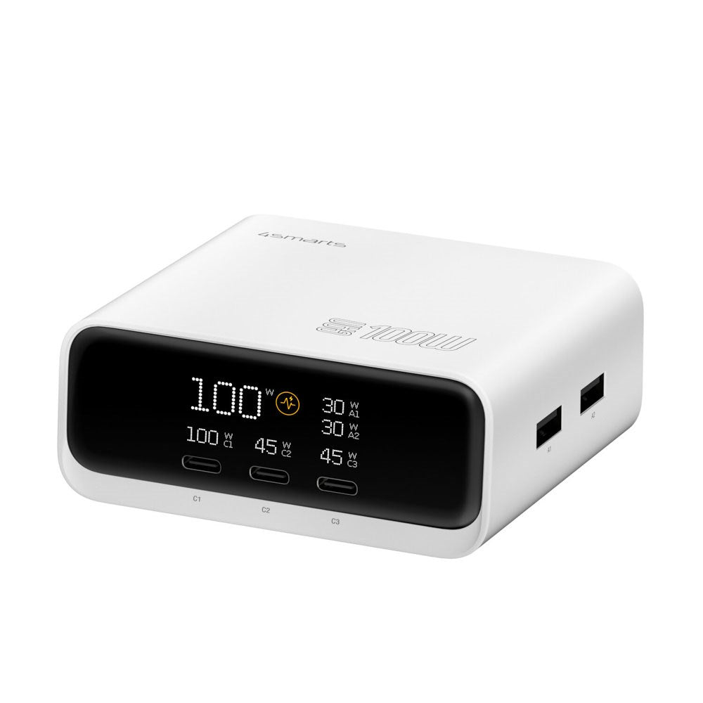 4smarts GaN 100W Bordoplader m. Skærm - 3x USB-C & 2x USB-A - Hvid