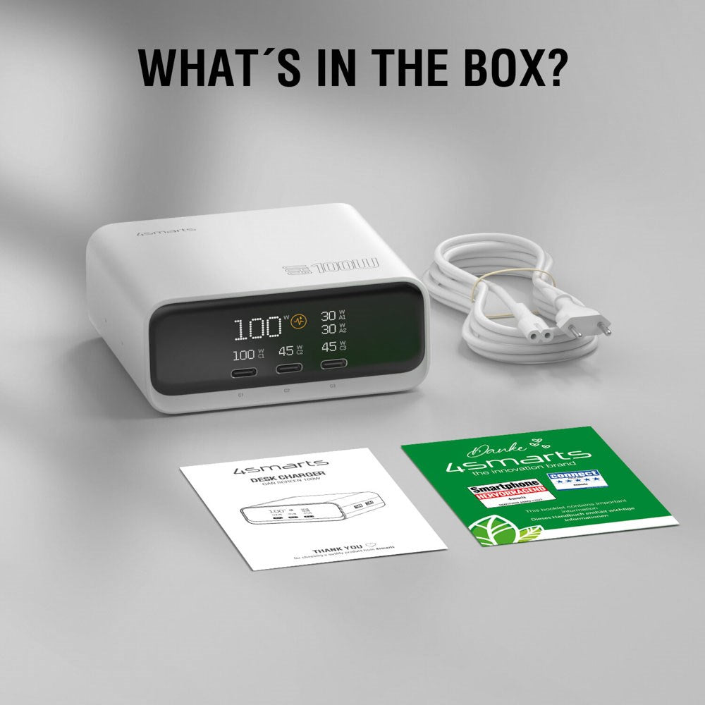4smarts GaN 100W Bordoplader m. Skærm - 3x USB-C & 2x USB-A - Hvid