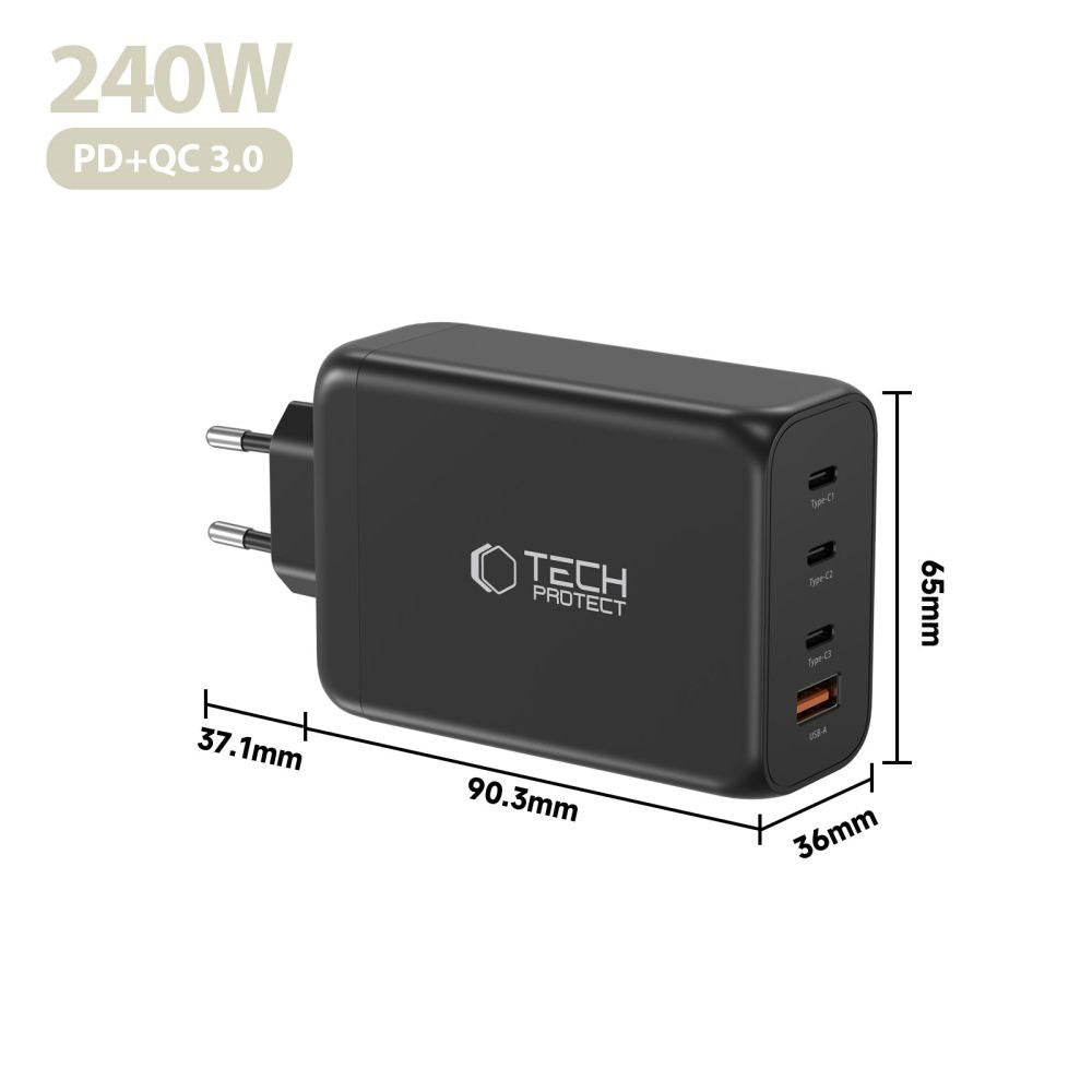 Tech-Protect Vægoplader m. 3x USB-C / 1x USB-A - 240W - Sort