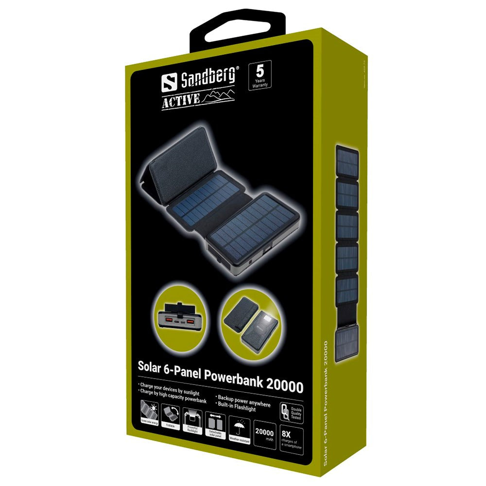 Sandberg 20W Solar Water Resistant PowerBank m. 2 x USB-A & 1 x USB-C - 20000mAh - Sort