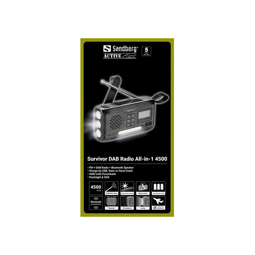 Sandberg Active Survivor Nødradio - 4500mAh Solcelle Powerbank - DAB / FM-Radio - Sort