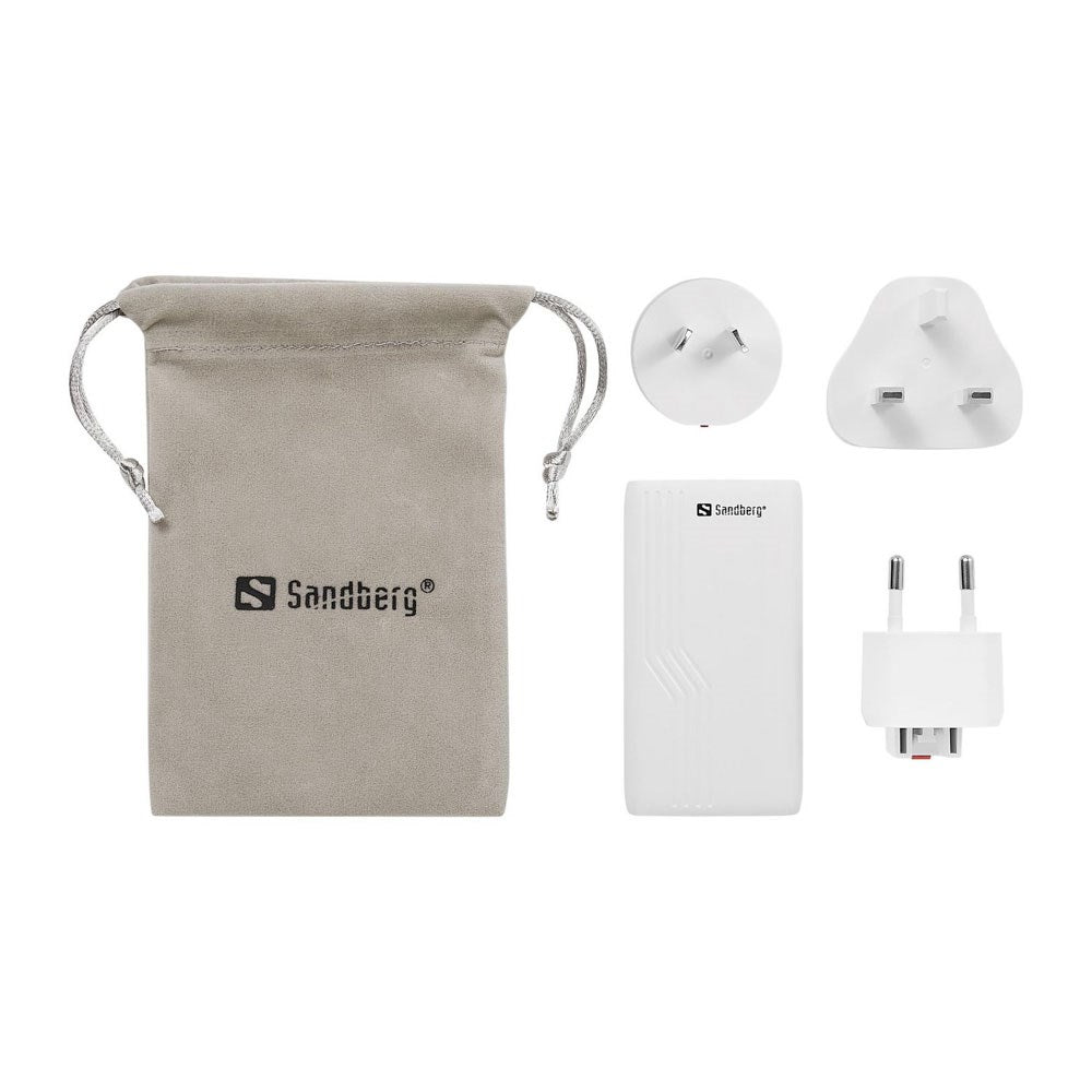 Sandberg 4-i-1 Rejse Vægoplader - 2x USB-C - 65W - EU / UK / AUS - Hvid