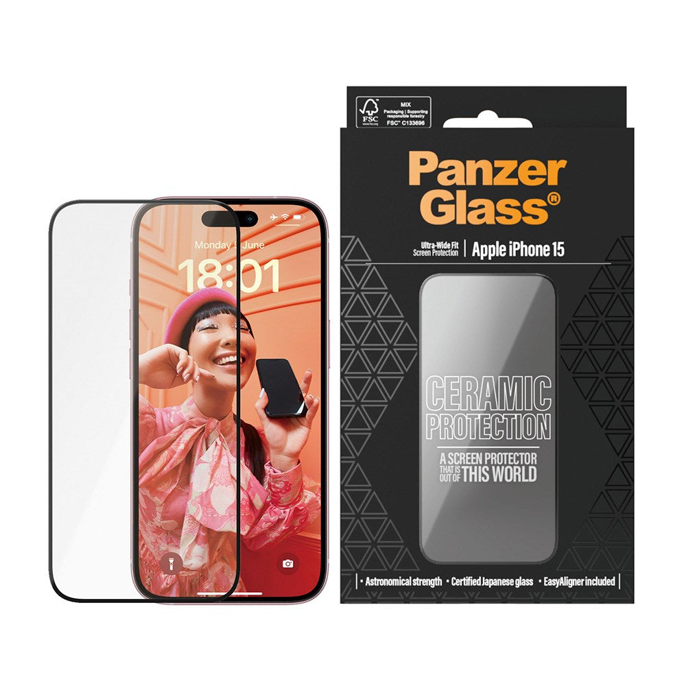 iPhone 15 / 16 PanzerGlass Ultra Wide Fit Ceramic Beskyttelsesglas m. EasyAligner - Sort Kant