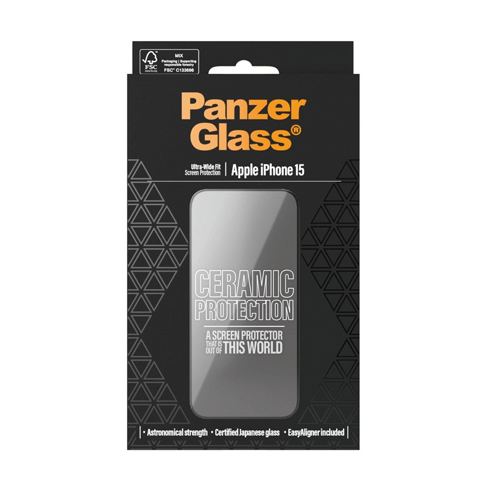 iPhone 15 / 16 PanzerGlass Ultra Wide Fit Ceramic Beskyttelsesglas m. EasyAligner - Sort Kant
