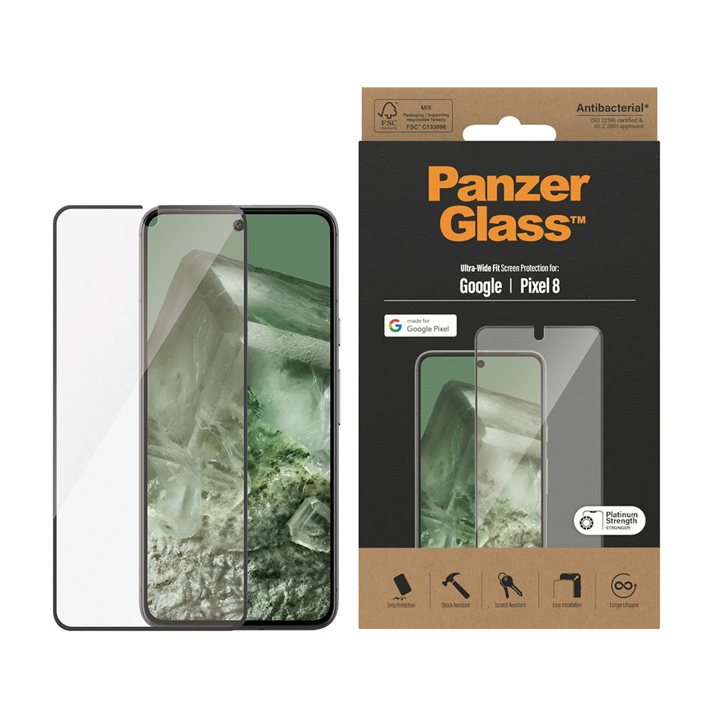 Google Pixel 8 PanzerGlass Ultra Wide Fit Skærmbeskyttelsesglas - Platinum Strength - Sort Kant