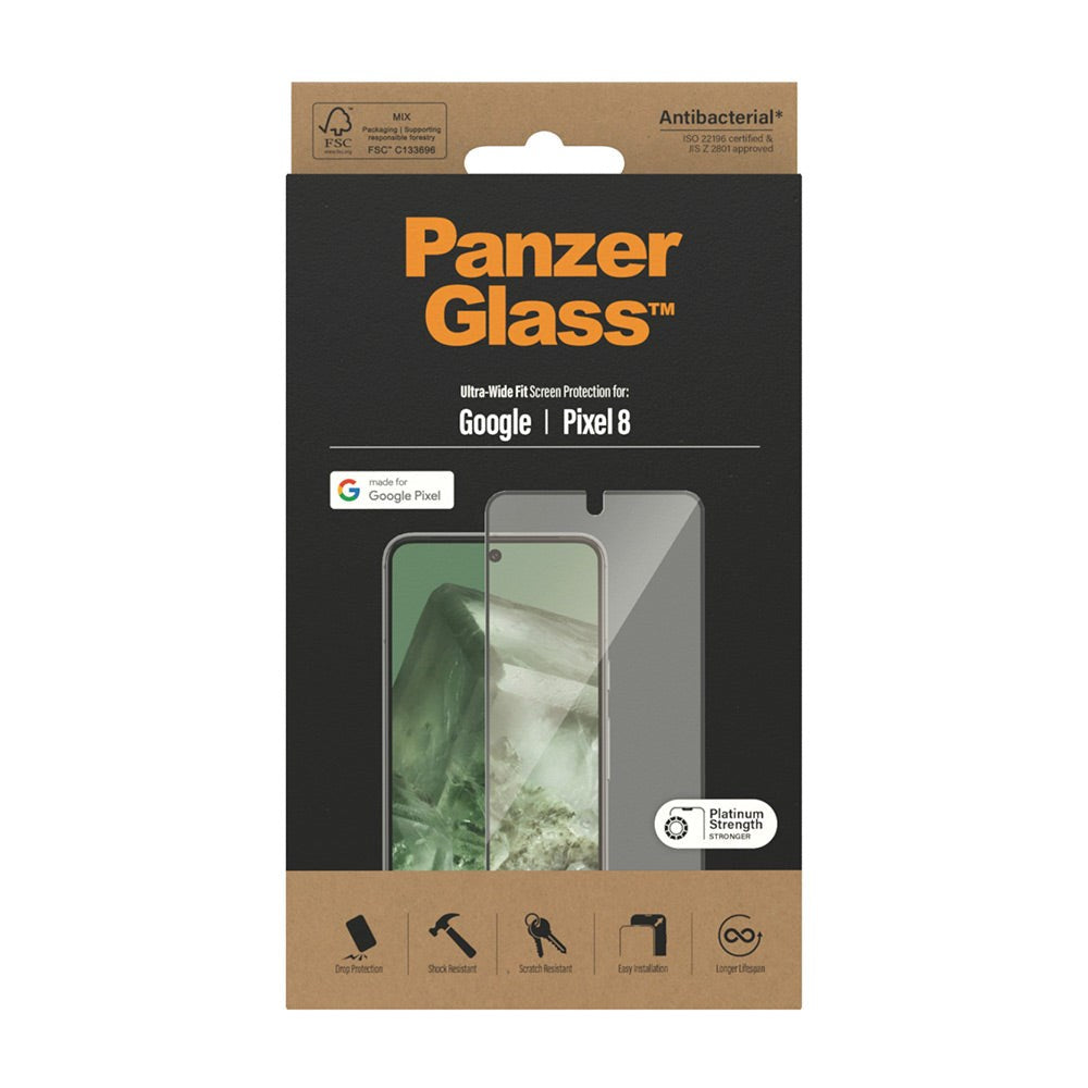 Google Pixel 8 PanzerGlass Ultra Wide Fit Skærmbeskyttelsesglas - Platinum Strength - Sort Kant