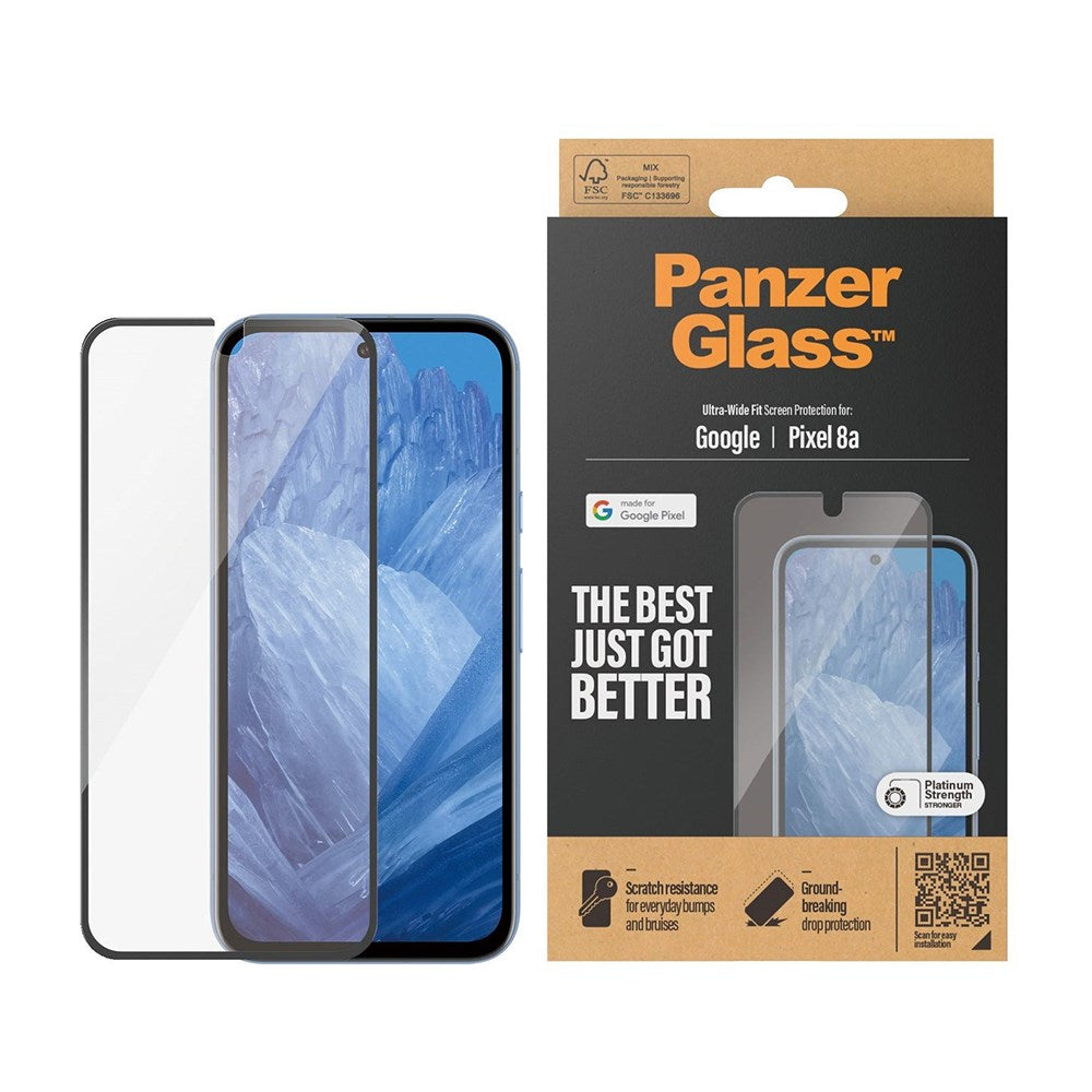 Google Pixel 8a PanzerGlass Ultra Wide Fit Skærmbeskyttelsesglas - Platinum Strength - Sort Kant