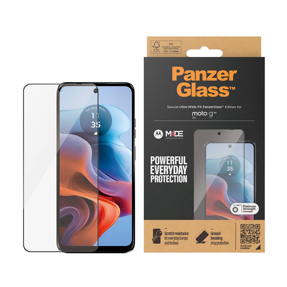 Motorola Moto G34 PanzerGlass Ultra Wide Fit Skærmbeskyttelsesglas - Platinum Strength - Sort Kant