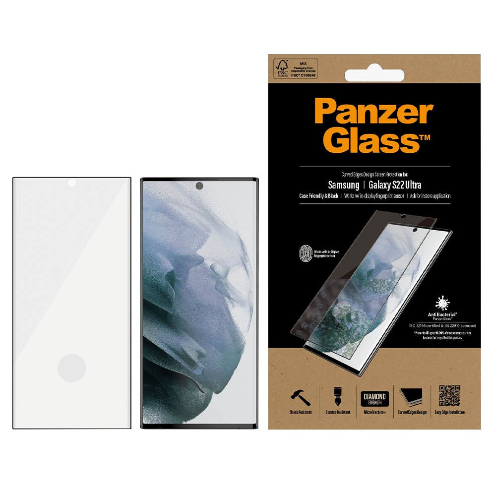 Samsung Galaxy S22 Ultra PanzerGlass AntiBacterial Edge-to-Edge Hærdet Glas - Case-Friendly - Sort Kant