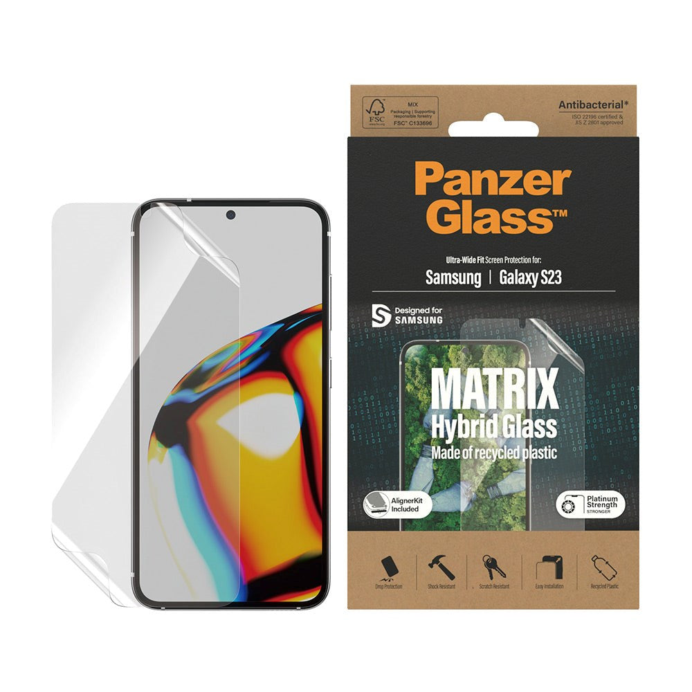 Samsung Galaxy S23 PanzerGlass Matrix Hybrid Glass AntiBacterial Ultra Wide Fit Skærmbeskyttelseglas - AlignerKit - Platinum Strength - Gennemsigtig