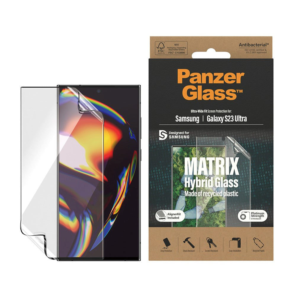 Samsung Galaxy S23 Ultra PanzerGlass Matrix Hybrid Glass AntiBacterial Ultra Wide Fit Skærmbeskyttelseglas - AlignerKit - Platinum Strength - Gennemsigtig