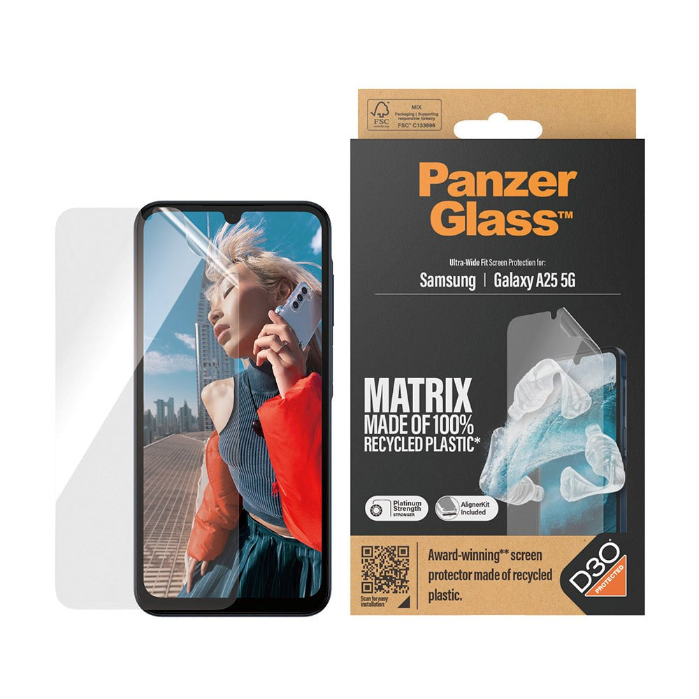 Samsung Galaxy A25 (5G) PanzerGlass Matrix AntiBacterial Ultra Wide Fit Plastikbeskyttelse - AlignerKit - Platinum Strength - Gennemsigtig