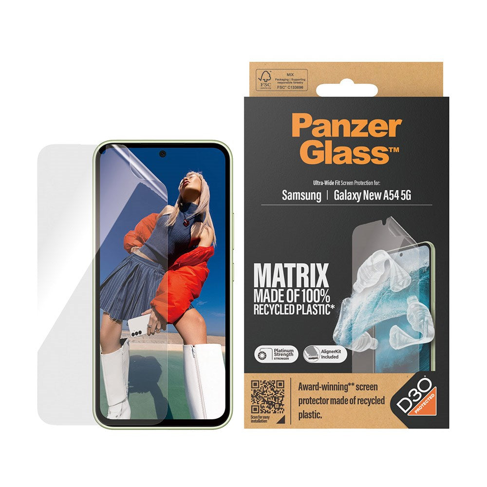 Samsung Galaxy A55 (5G) PanzerGlass Matrix AntiBacterial Ultra Wide Fit Plastikbeskyttelse - AlignerKit - Platinum Strength - Gennemsigtig