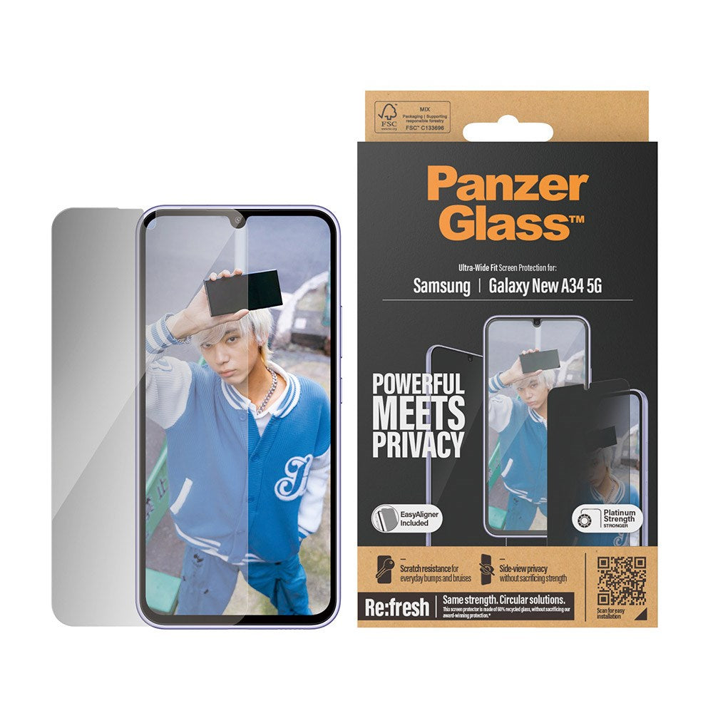 Samsung Galaxy A35 (5G) PanzerGlass Ultra Wide Fit Re:fresh Beskyttelsesglas m. EasyAligner - Privacy - Platinum Strength - Gennemsigtig / Sort Kant