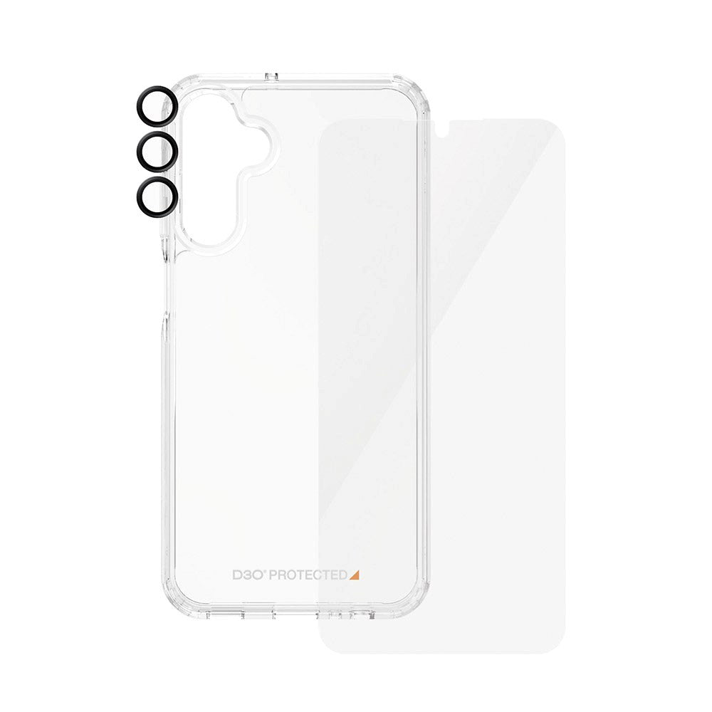 Samsung Galaxy A15 / A15 (5G) PanzerGlass 3-i-1 Bundle m. EasyAligner - Skærmbeskyttelse (UWF) / D3O Bio Hardcase Cover / Hoops Kamerabeskyttelse - Gennemsigtig / Sort