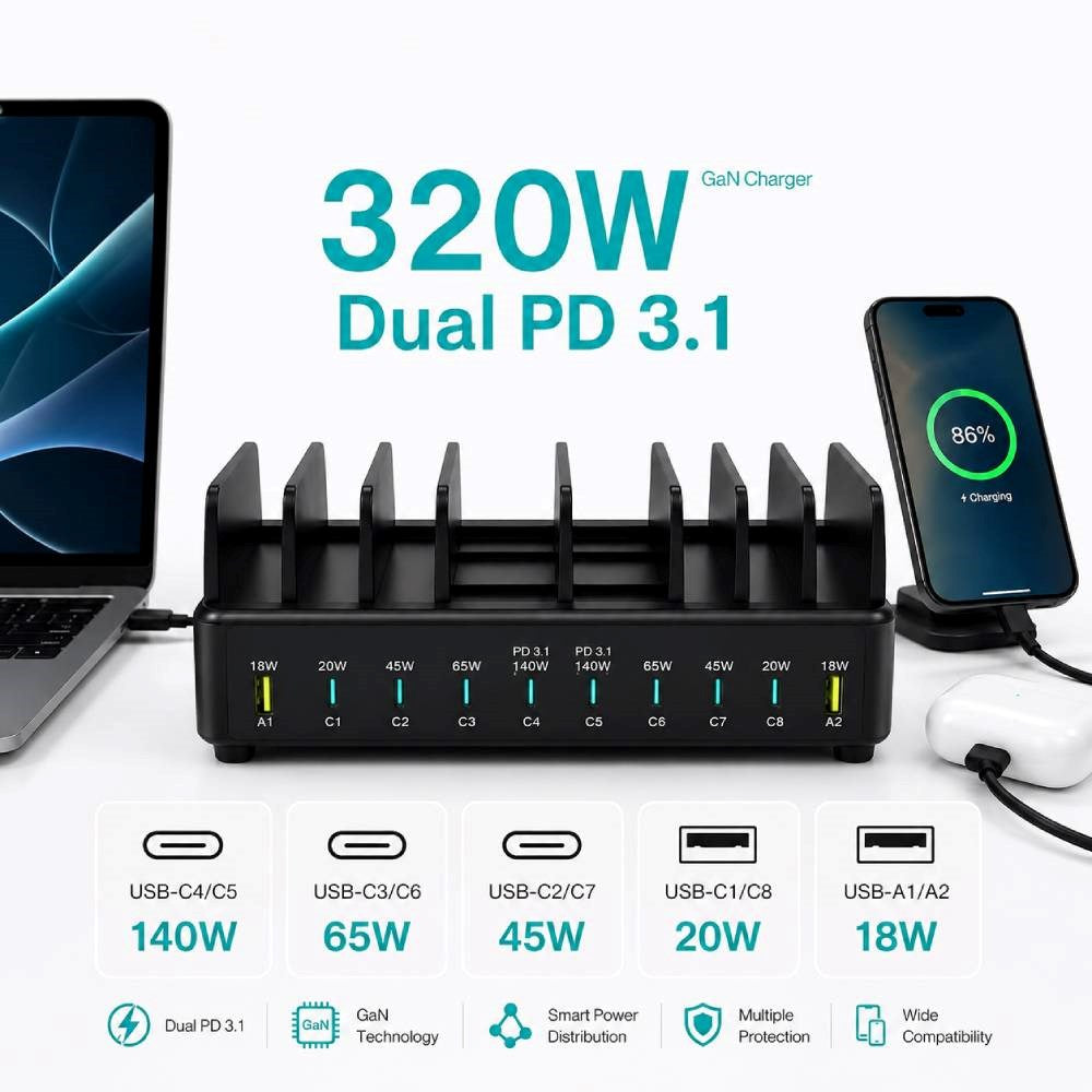Xceed 320W Power Station m. 8x USB-C & 2x USB-A - Sort