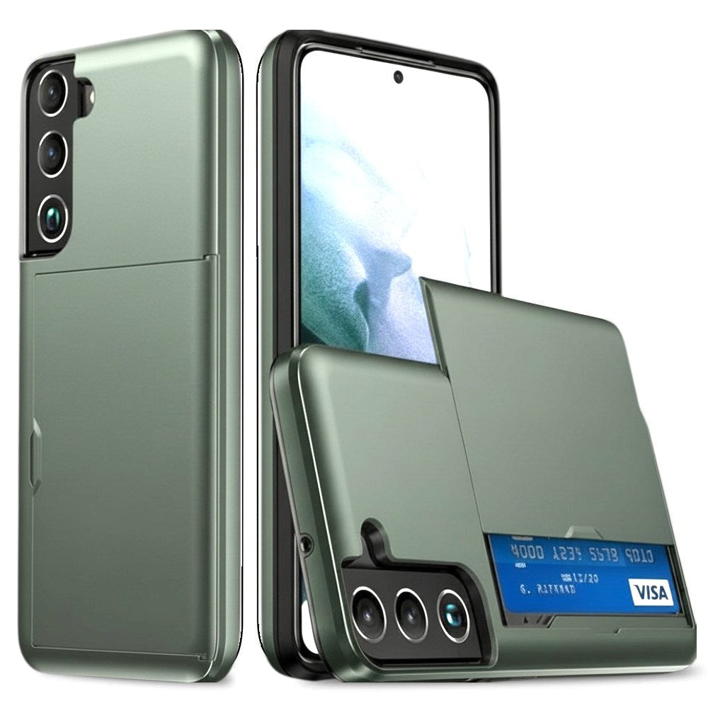 Samsung Galaxy S22 Hybrid Plastik Bagside Håndværker Cover m. Kortholder - Army Grøn