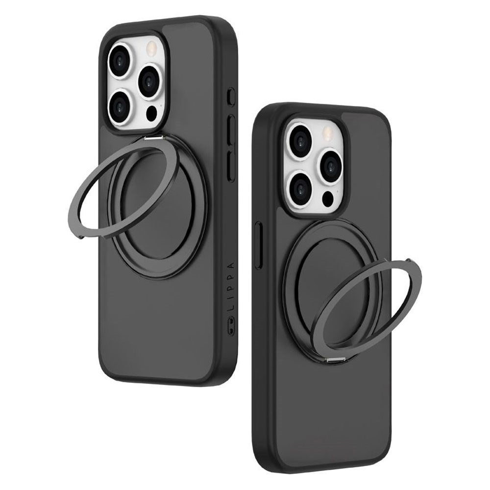 iPhone 15 Pro Lippa Hybrid Plastik Bagside Cover m. Roterbar Kickstand - MagSafe Kompatibel - Mat / Sort