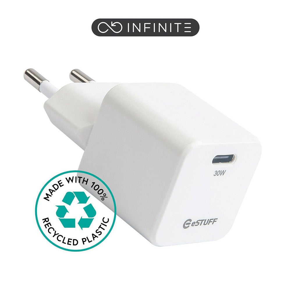 eSTUFF INFINITE 30W PD USB-C GaN Vægoplader - 100% Genbrugsplastik - Hvid